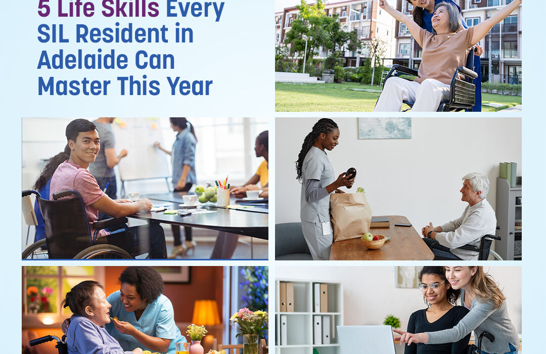 An NDIS participant in an Adelaide SIL home working with a Nurse Aid Australia support worker to develop independent living skills, including meal preparation and budgeting, as part of a compliant NDIS Service Agreement.