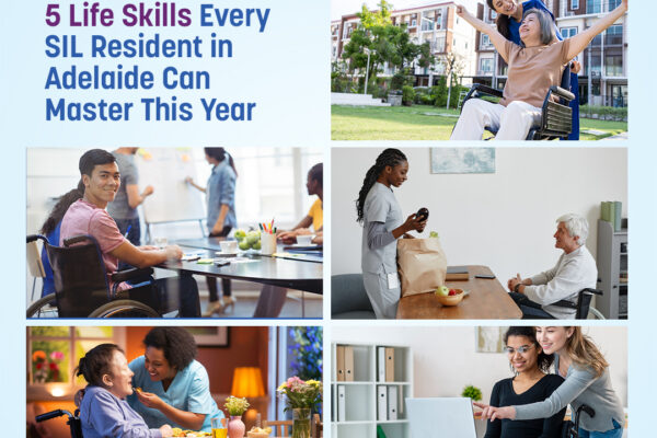 An NDIS participant in an Adelaide SIL home working with a Nurse Aid Australia support worker to develop independent living skills, including meal preparation and budgeting, as part of a compliant NDIS Service Agreement.