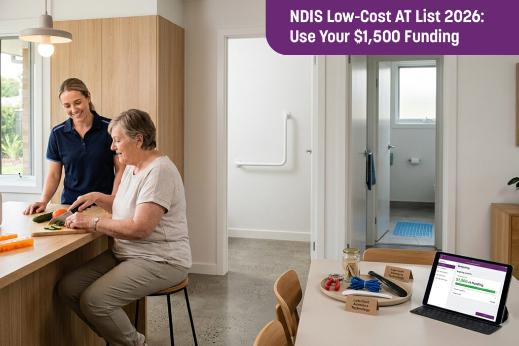 A nurse supporting an NDIS participant in a kitchen with visible home modifications, demonstrating items from the NDIS Low-Cost AT List 2026 under the $1,500 funding limit.