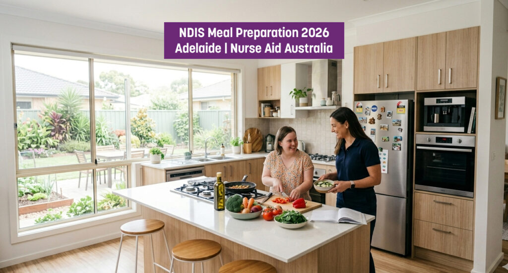 NDIS support worker assisting participant with meal preparation in accessible Adelaide kitchen, chopping fresh vegetables together for healthy cooking support