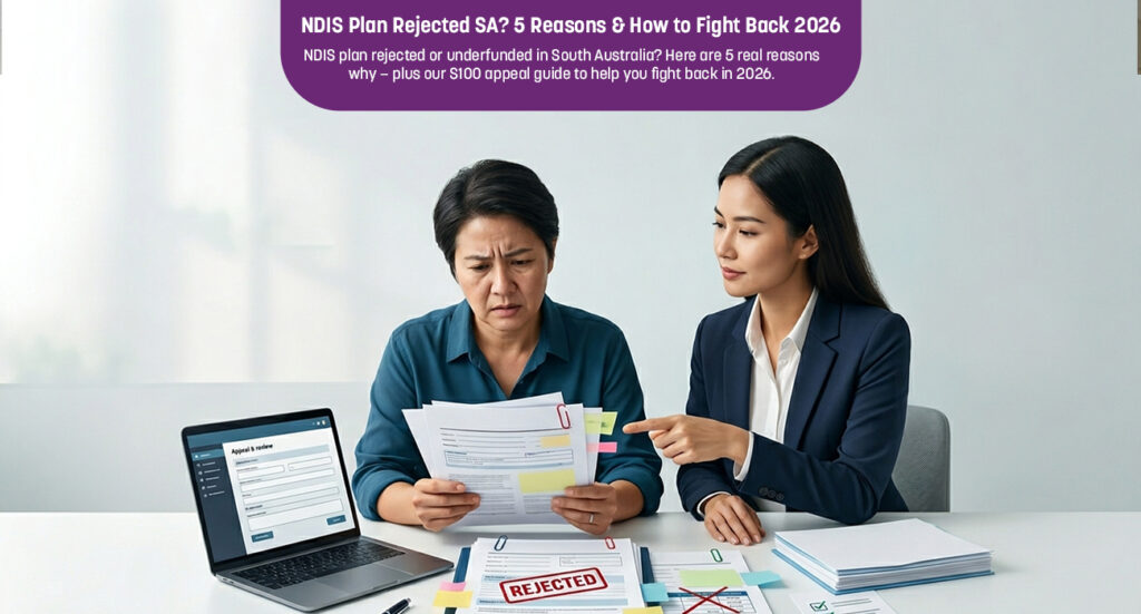 NDIS participant in Adelaide reviewing an S100 plan rejection letter with a support coordinator.