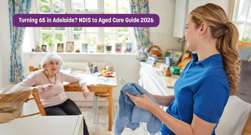 A support worker in a blue uniform assisting an elderly woman at home in Adelaide — representing NDIS to aged care transition support.