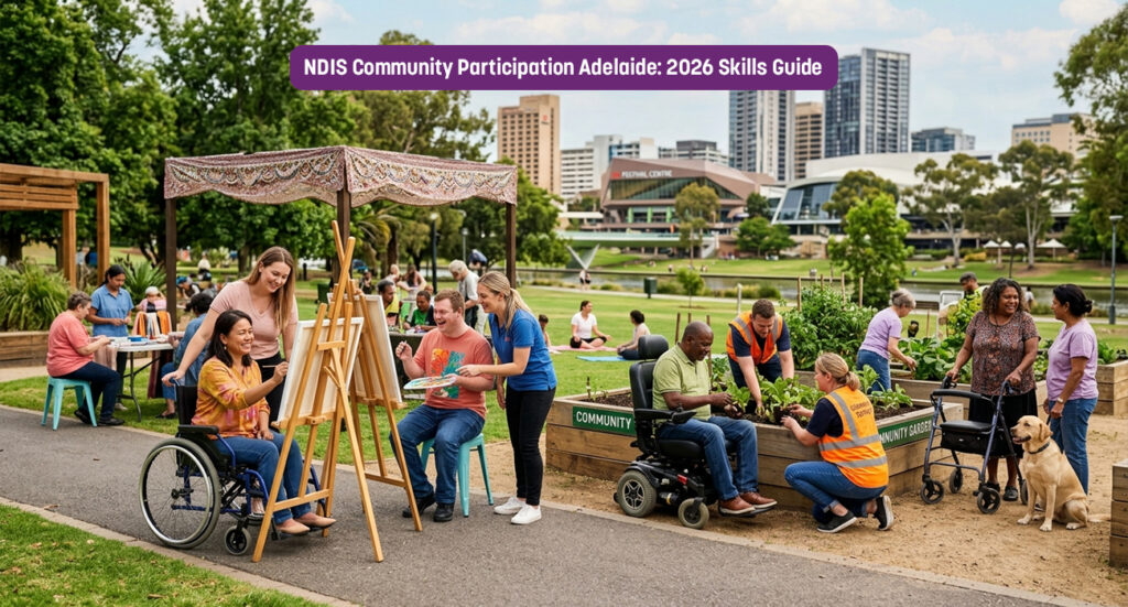 Nurse Aid Australia support worker assisting an NDIS participant with an Adelaide Metro travel training route.