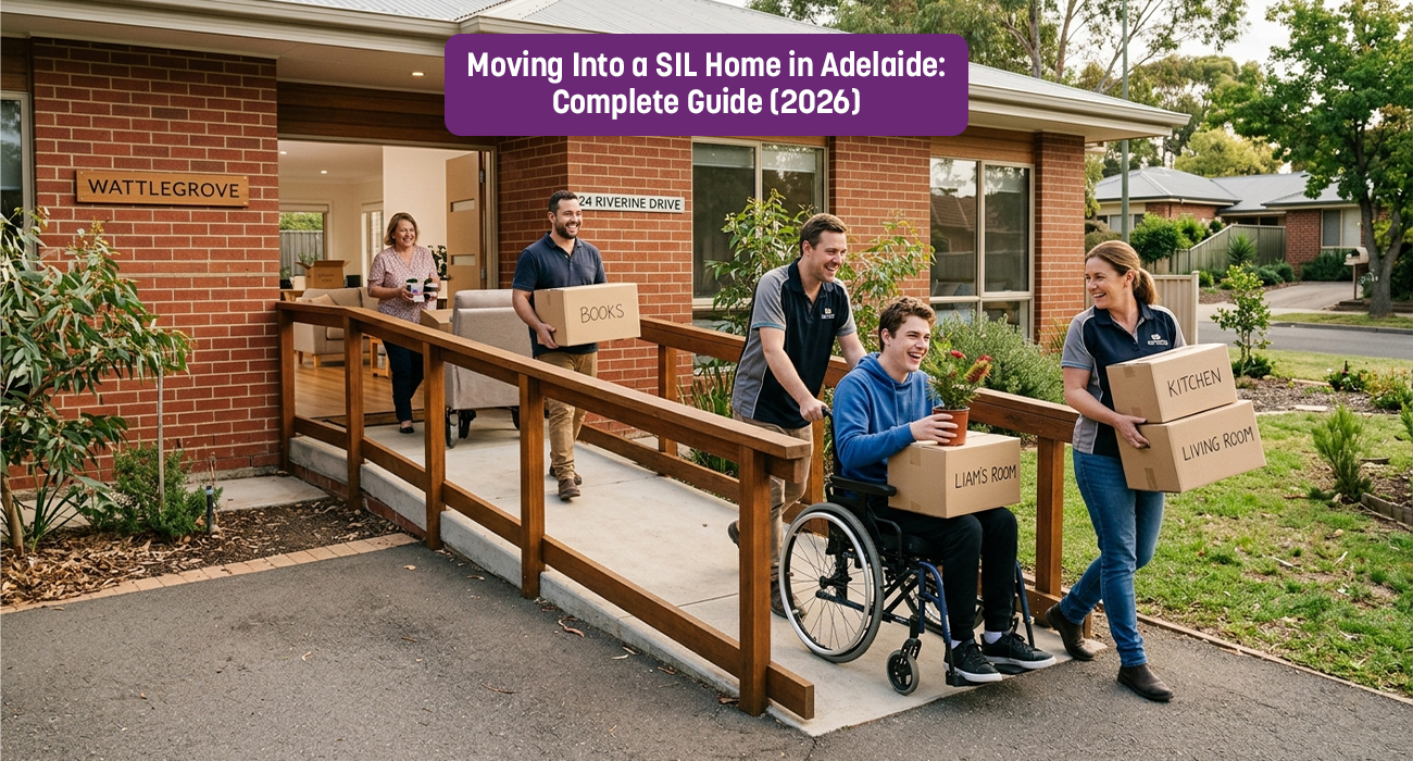 Moving into a SIL Home in Adelaide: Complete Guide (2026). This image captures the 'Human-First' approach of Nurse Aid Australia as a participant transitions into a new Supported Independent Living (SIL) home in the Mawson Lakes region. Featuring a modern, accessible property with a focus on community integration, the photo highlights our commitment to the NDIS PACE Framework 2026 and personalized housemate matching. Our team provides 24/7 active support and skill-building for autonomy across Northern Adelaide and surrounding South Australian suburbs./A group of cheerful support workers and a young man in a wheelchair moving boxes into a modern brick SIL home in Adelaide named 'Wattlegrove'. The scene shows a wooden accessibility ramp and boxes labeled 'Liam's Room' and 'Kitchen', representing a smooth transition into Supported Independent Living with Nurse Aid Australia.